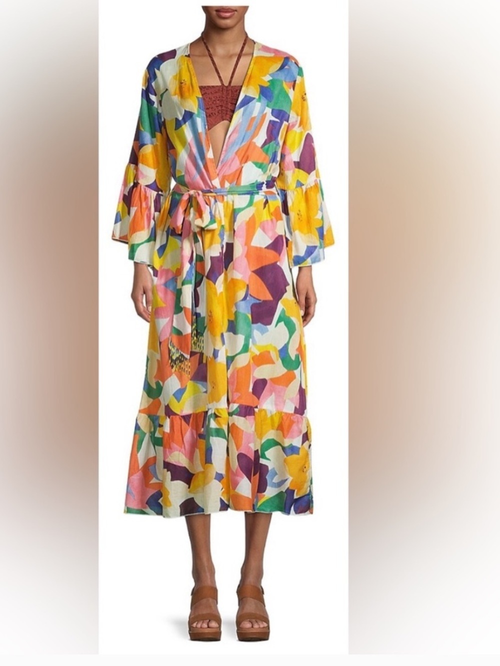 True Destinations S Multicolor Floral Wrap Robe Dress - Women coverup